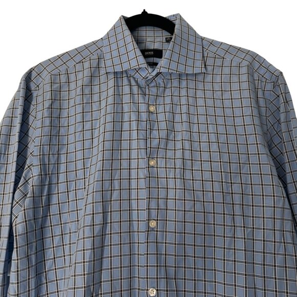 Boss Hugo Boss Men's Sharp Fit Blue Checkered Cotton Dress Shirt, Size 16 32/33 - Picture 3 of 7